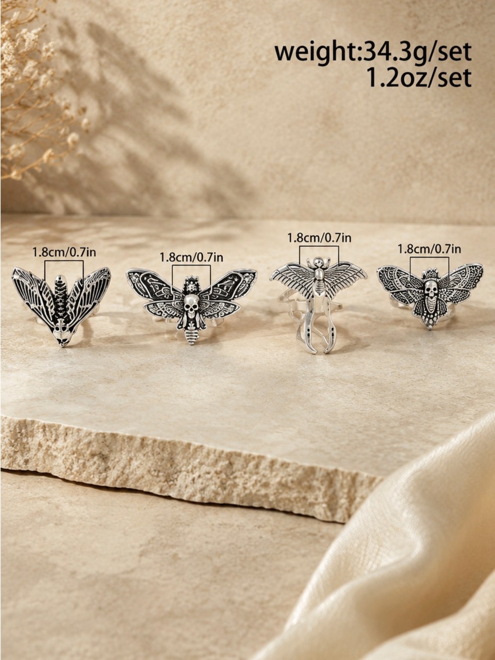 Gothic Silver Moth & Butterfly Rings Set - Picture 5 of 5